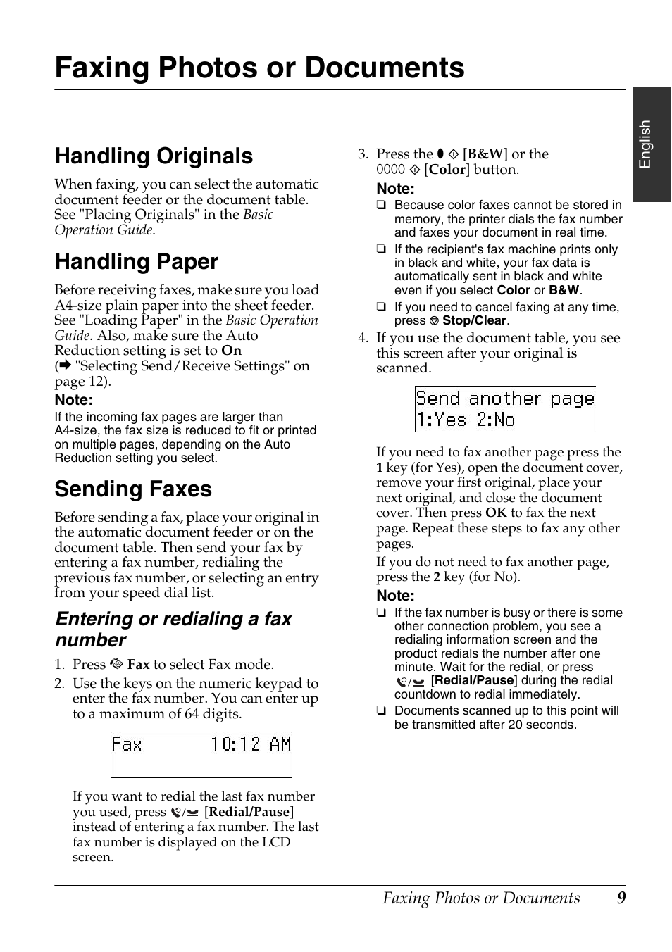 Faxing photos or documents, Handling originals, Handling paper | Sending faxes, Entering or redialing a fax number | Epson Stylus Office TX510FN User Manual | Page 9 / 20