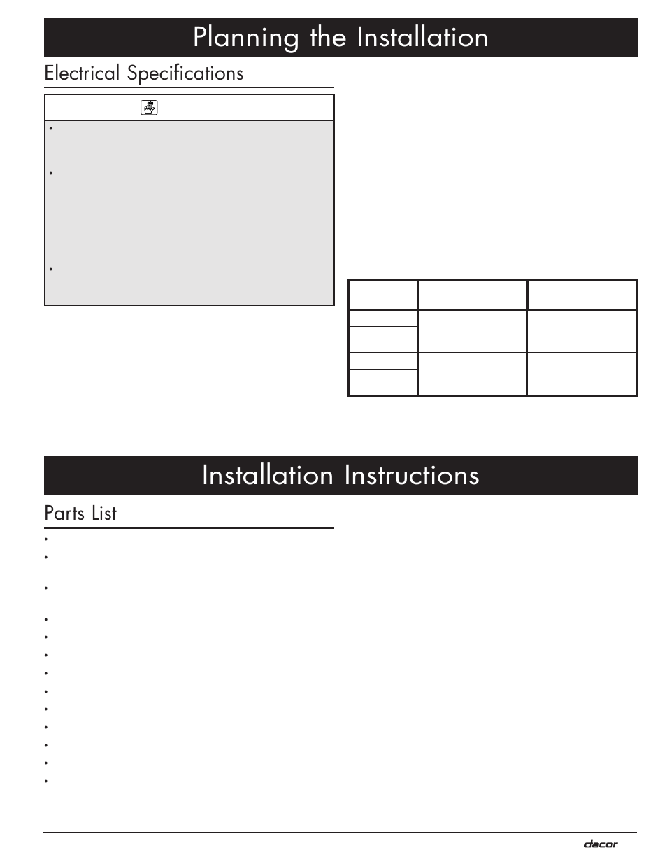 Planning the installation, Installation instructions, Electrical specifications | Parts list | Dacor MO User Manual | Page 11 / 20