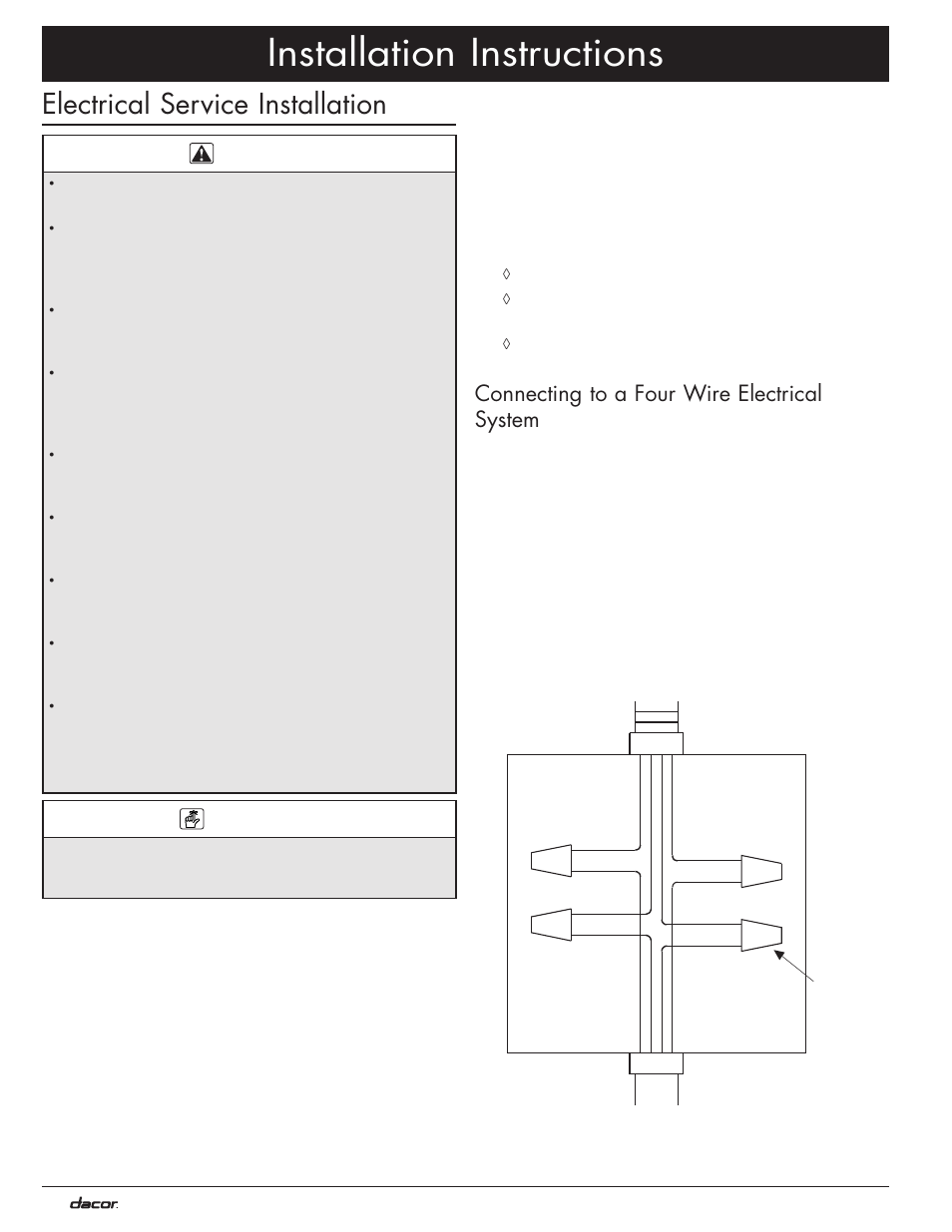 Installation instructions, Electrical service installation, Connecting to a four wire electrical system | Dacor MO User Manual | Page 12 / 20