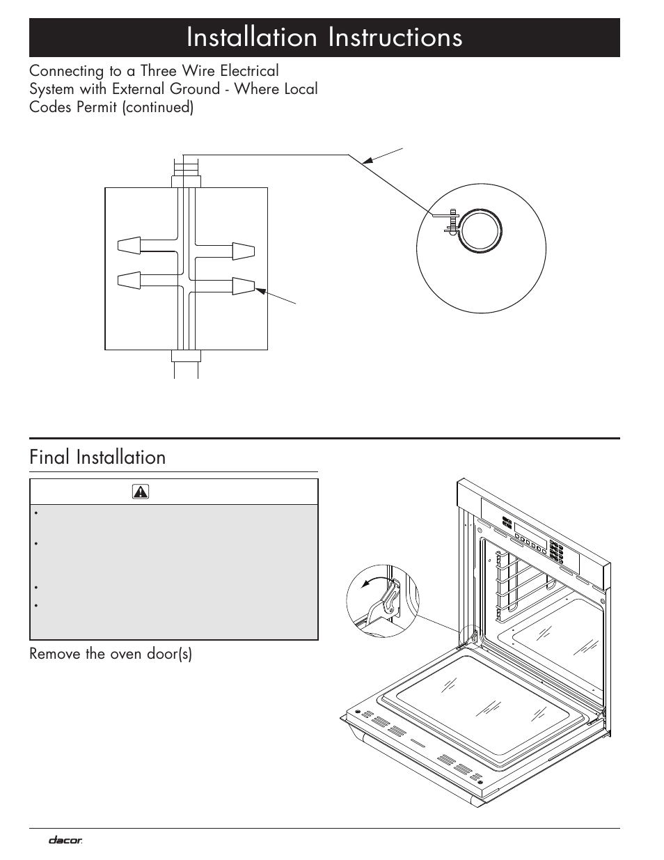 Installation instructions, Final installation, Remove the oven door(s) | Dacor MO User Manual | Page 14 / 20