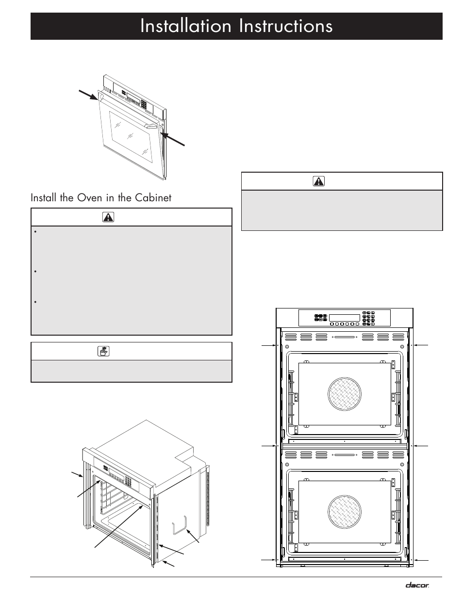 Installation instructions, Install the oven in the cabinet | Dacor MO User Manual | Page 15 / 20