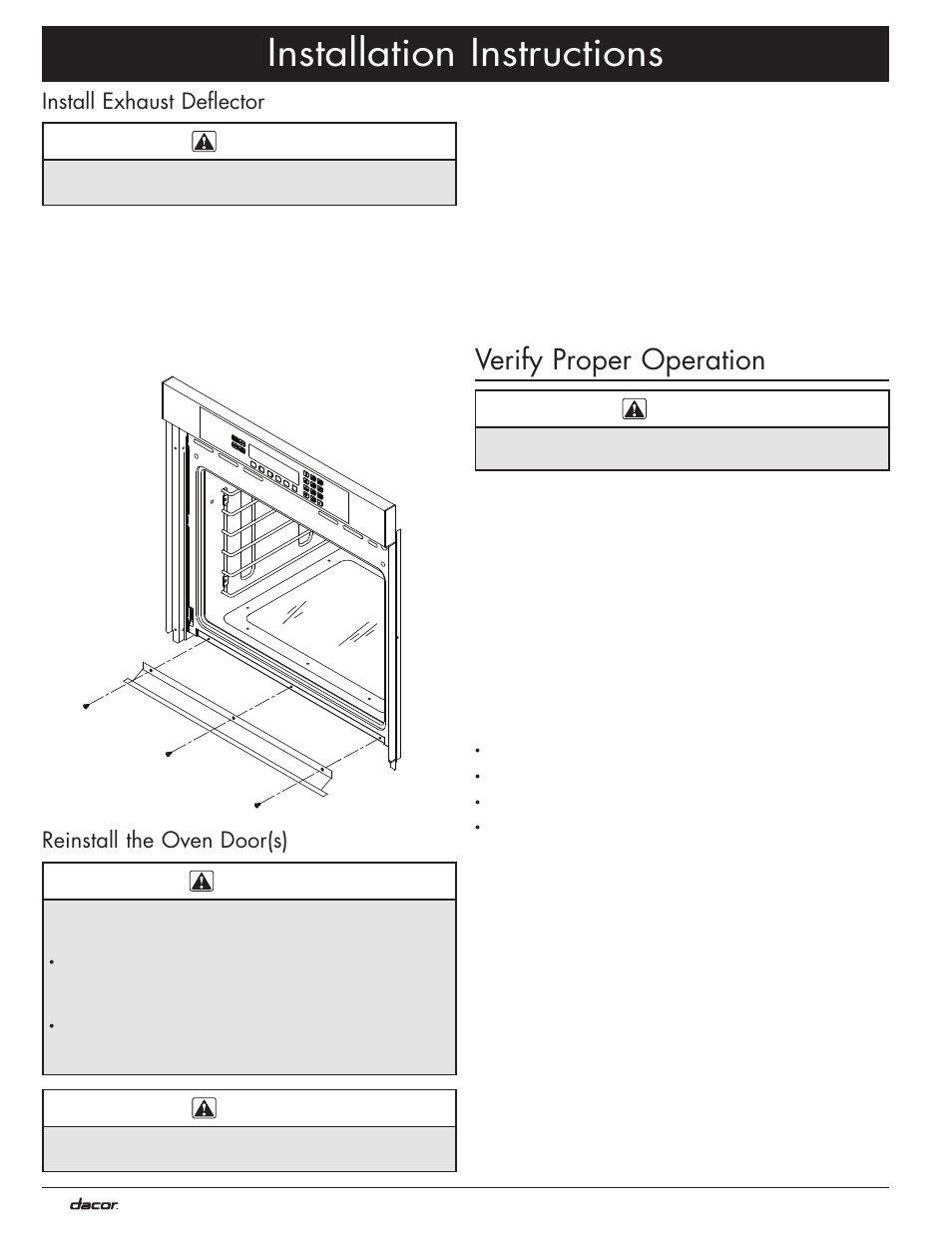 Installation instructions, Verify proper operation, Install exhaust deflector | Reinstall the oven door(s) | Dacor MO User Manual | Page 16 / 20