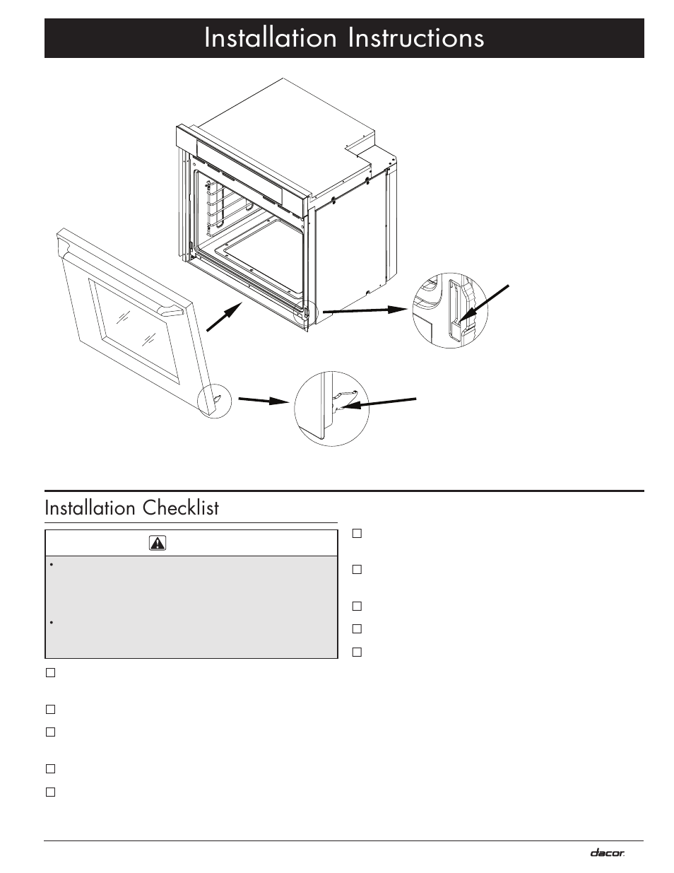 Installation instructions, Installation checklist | Dacor MO User Manual | Page 17 / 20