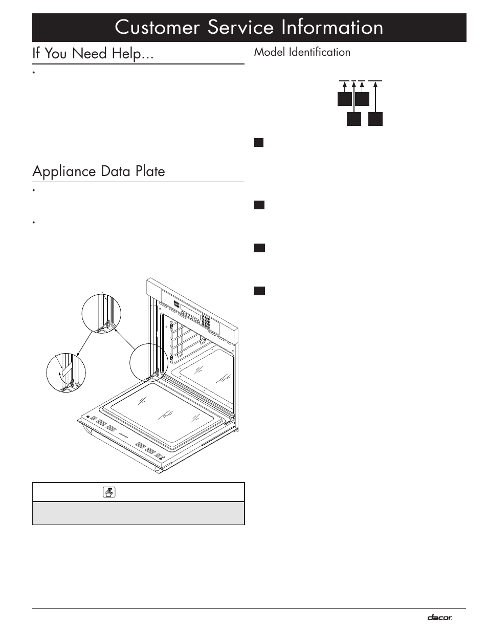 Customer service information, If you need help, Appliance data plate | Model identification | Dacor MO User Manual | Page 5 / 20