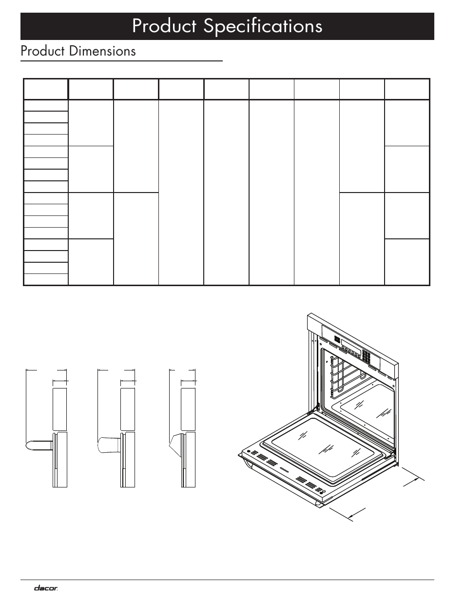 Product specifications, Product dimensions | Dacor MO User Manual | Page 6 / 20