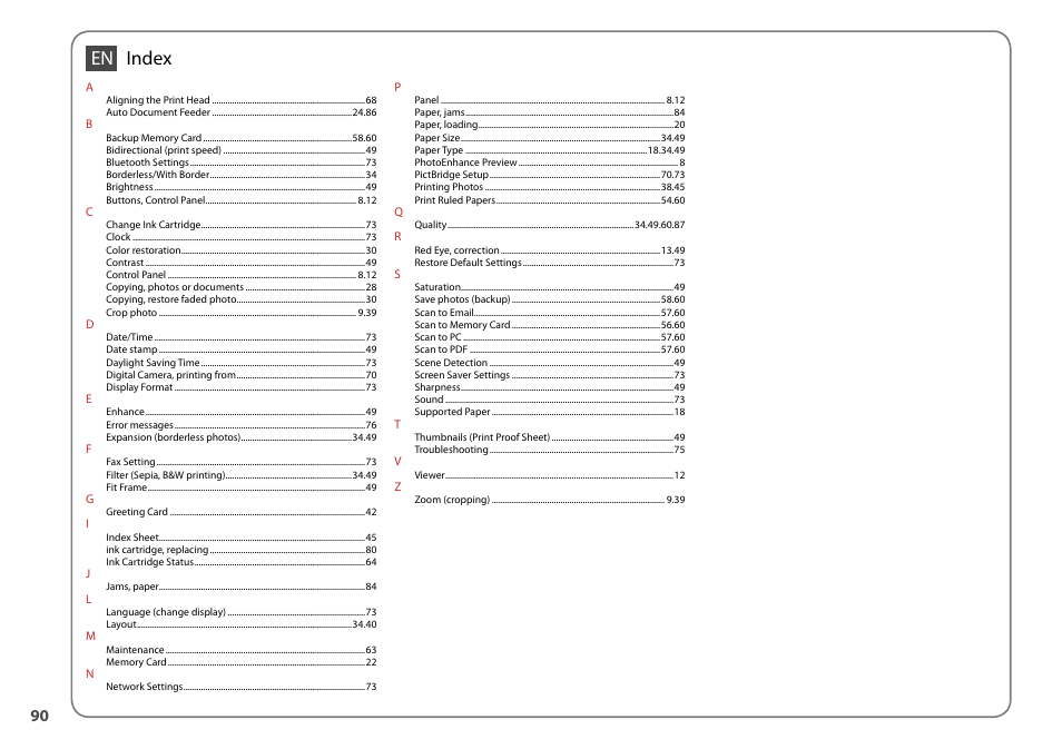 Index | Epson Stylus Office TX600FW User Manual | Page 90 / 96