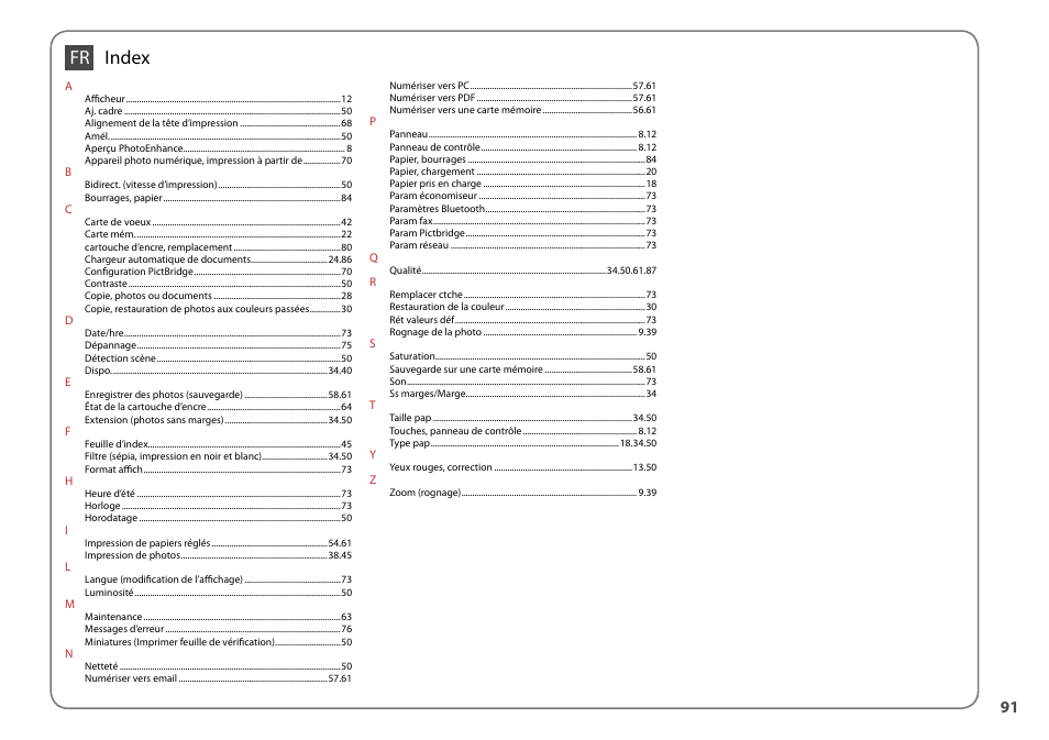 Index fr | Epson Stylus Office TX600FW User Manual | Page 91 / 96