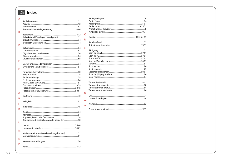 Index de | Epson Stylus Office TX600FW User Manual | Page 92 / 96