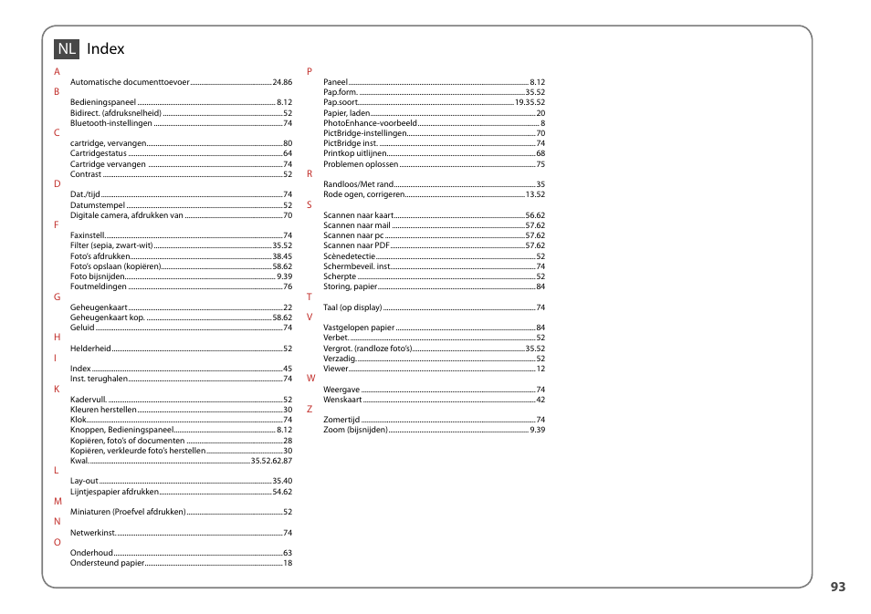 Index nl | Epson Stylus Office TX600FW User Manual | Page 93 / 96