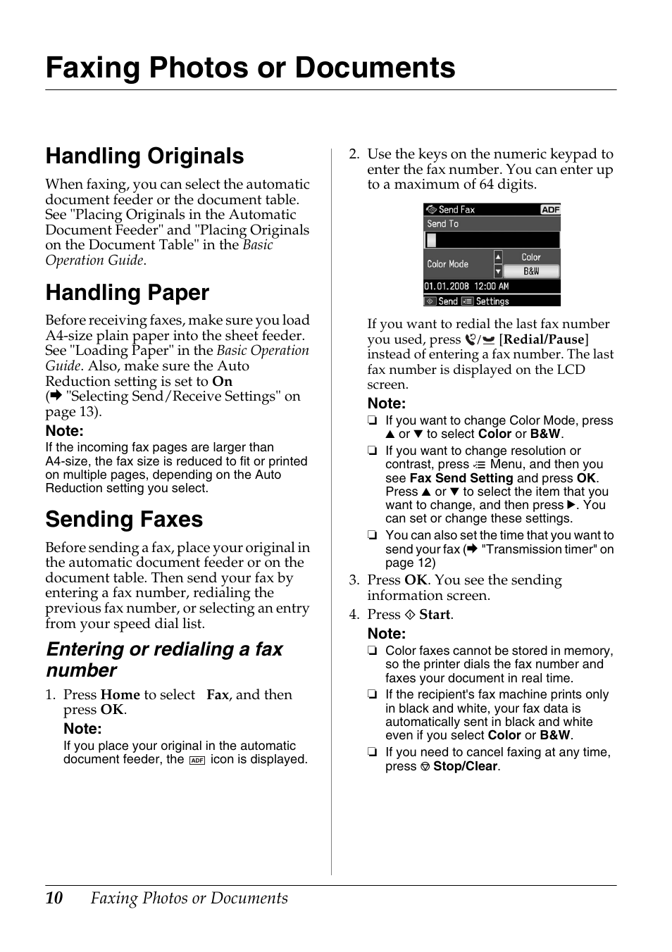 Faxing photos or documents, Handling originals, Handling paper | Sending faxes, Entering or redialing a fax number | Epson Stylus Office TX600FW User Manual | Page 10 / 24