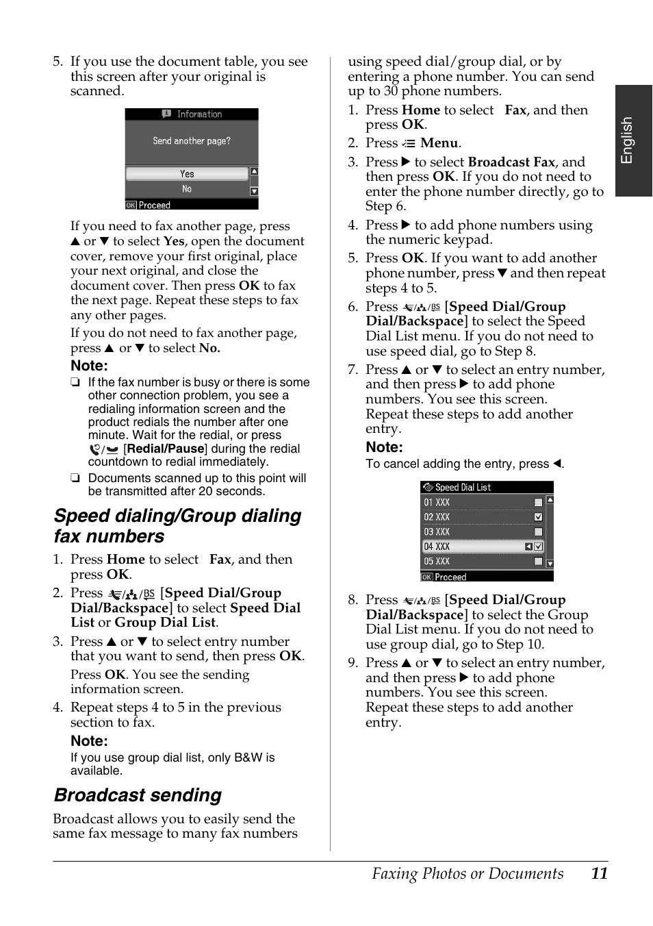 Speed dialing/group dialing fax numbers, Broadcast sending | Epson Stylus Office TX600FW User Manual | Page 11 / 24