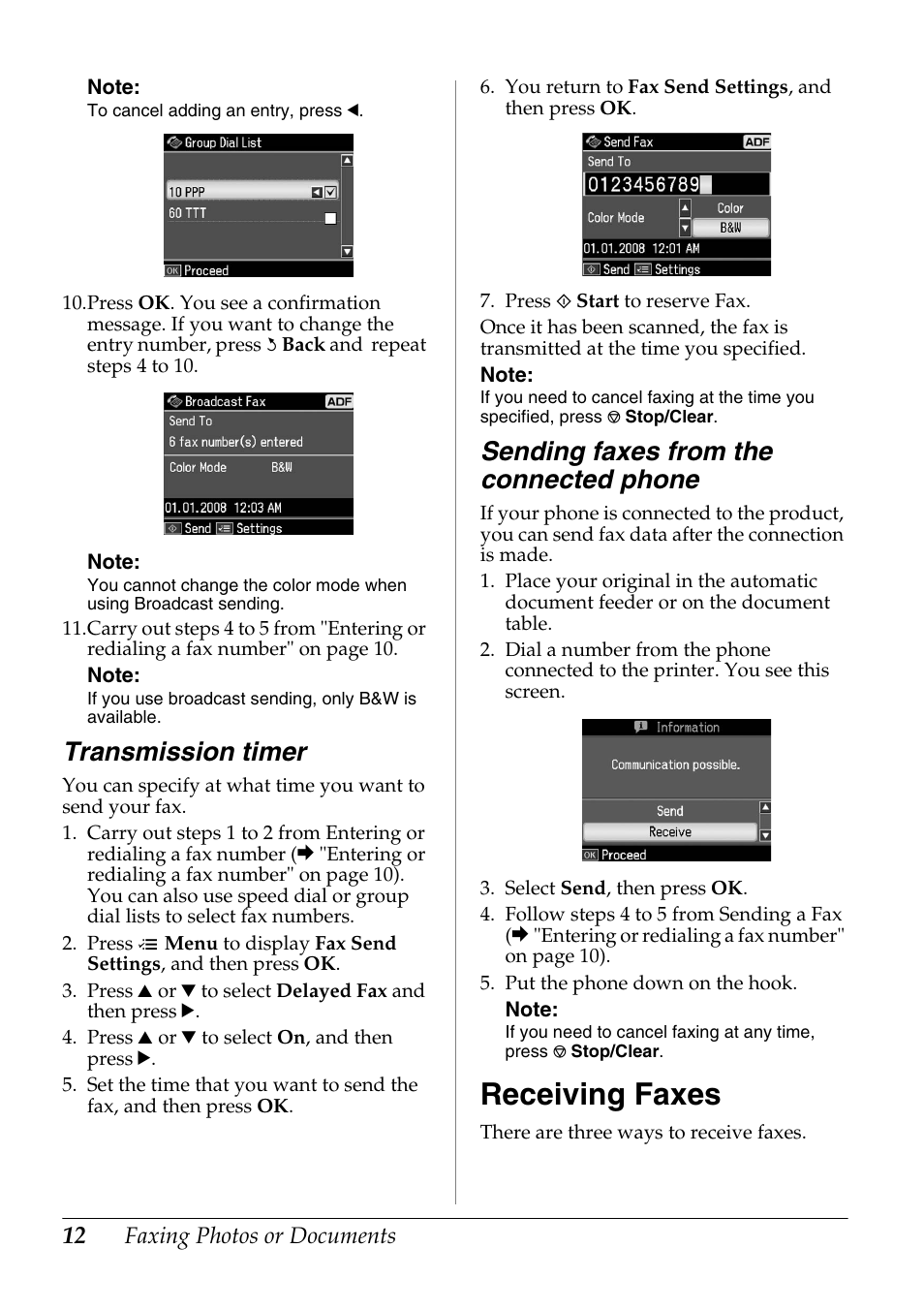 Transmission timer, Sending faxes from the connected phone, Receiving faxes | Epson Stylus Office TX600FW User Manual | Page 12 / 24