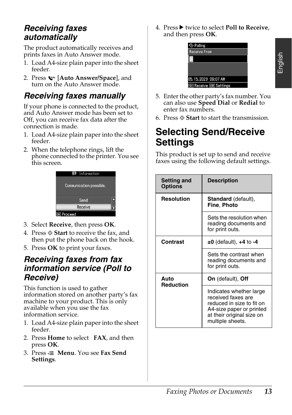 Receiving faxes automatically, Receiving faxes manually, Selecting send/receive settings | Epson Stylus Office TX600FW User Manual | Page 13 / 24