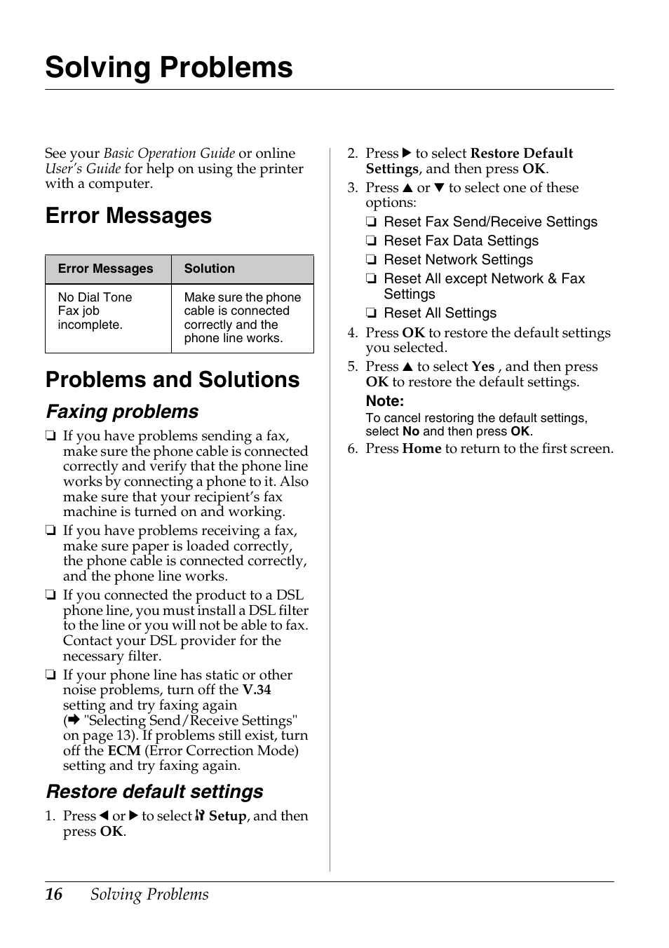 Solving problems, Error messages, Problems and solutions | Faxing problems, Restore default settings, Error messages problems and solutions | Epson Stylus Office TX600FW User Manual | Page 16 / 24