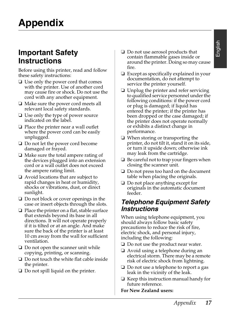 Appendix, Important safety instructions, Telephone equipment safety instructions | Epson Stylus Office TX600FW User Manual | Page 17 / 24