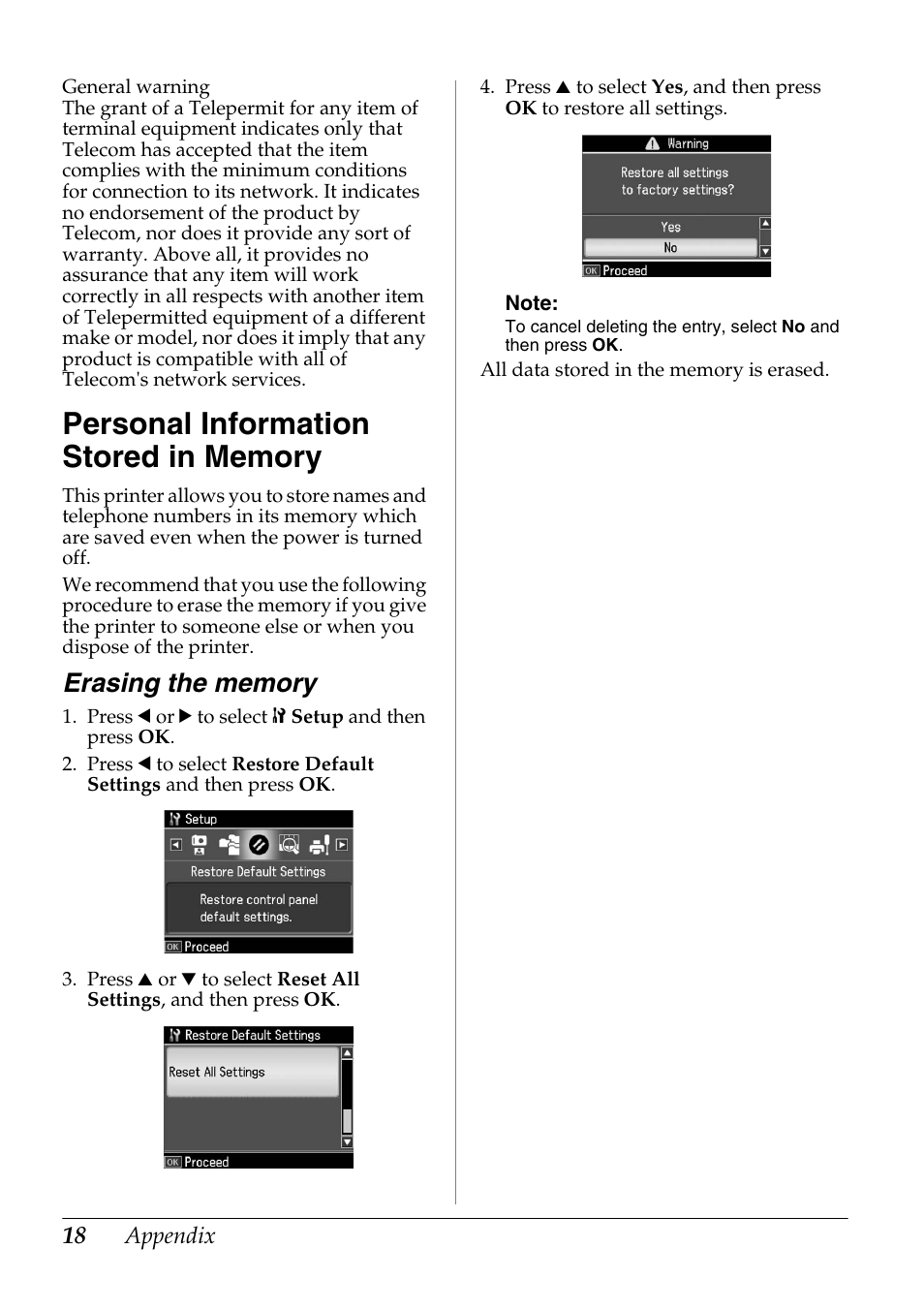 Personal information stored in memory, Erasing the memory | Epson Stylus Office TX600FW User Manual | Page 18 / 24