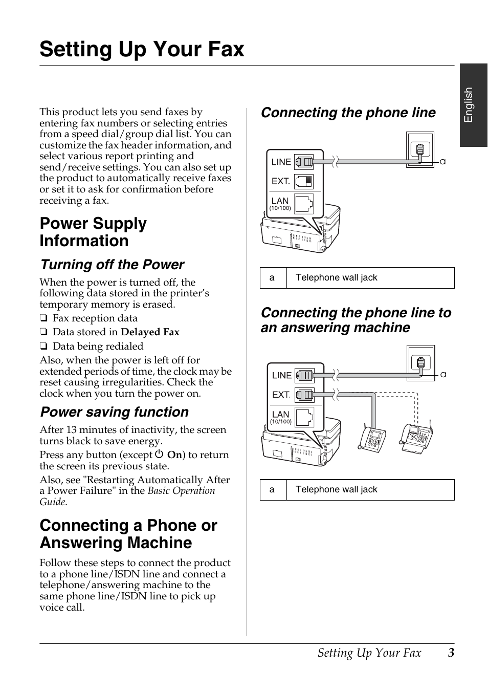 Setting up your fax, Power supply information, Turning off the power | Power saving function, Connecting a phone or answering machine, Connecting the phone line, Connecting the phone line to an answering machine | Epson Stylus Office TX600FW User Manual | Page 3 / 24