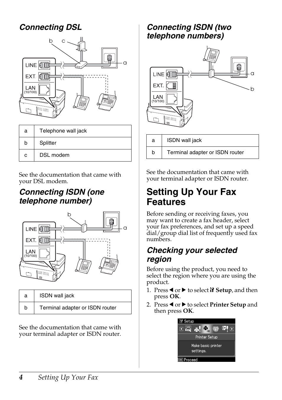 Connecting dsl, Connecting isdn (one telephone number), Connecting isdn (two telephone numbers) | Setting up your fax features, Checking your selected region | Epson Stylus Office TX600FW User Manual | Page 4 / 24