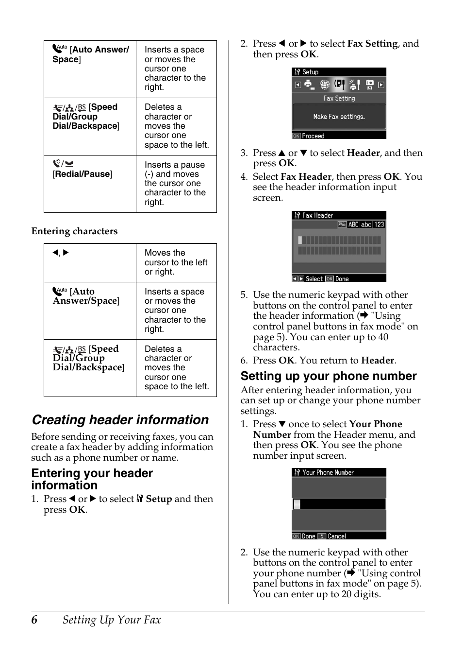 Creating header information, Entering your header information, Setting up your phone number | Epson Stylus Office TX600FW User Manual | Page 6 / 24