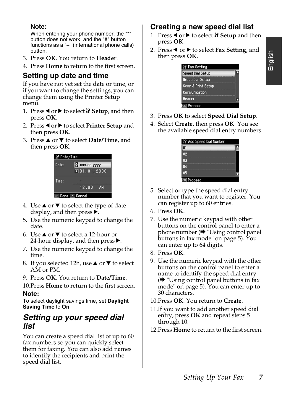 Setting up your speed dial list, Setting up date and time, Creating a new speed dial list | Epson Stylus Office TX600FW User Manual | Page 7 / 24