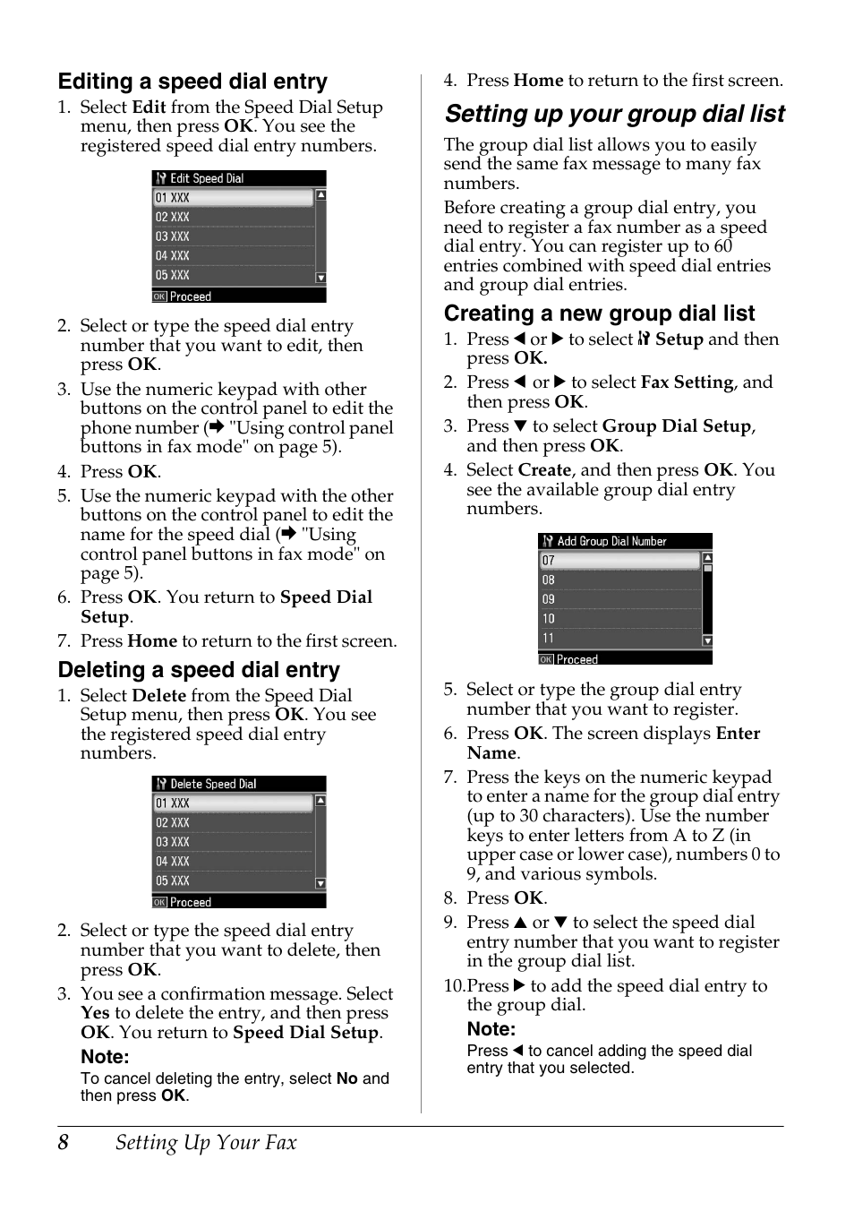 Setting up your group dial list, Editing a speed dial entry, Deleting a speed dial entry | Creating a new group dial list | Epson Stylus Office TX600FW User Manual | Page 8 / 24