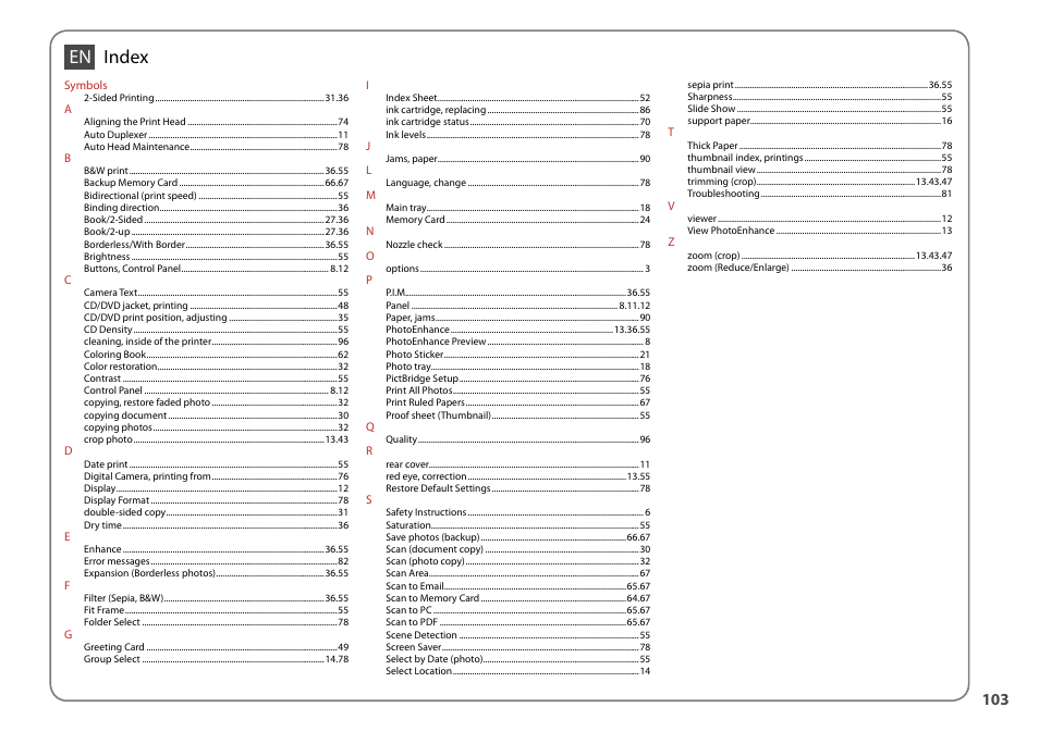 En index | Epson Stylus Photo TX710W User Manual | Page 103 / 108