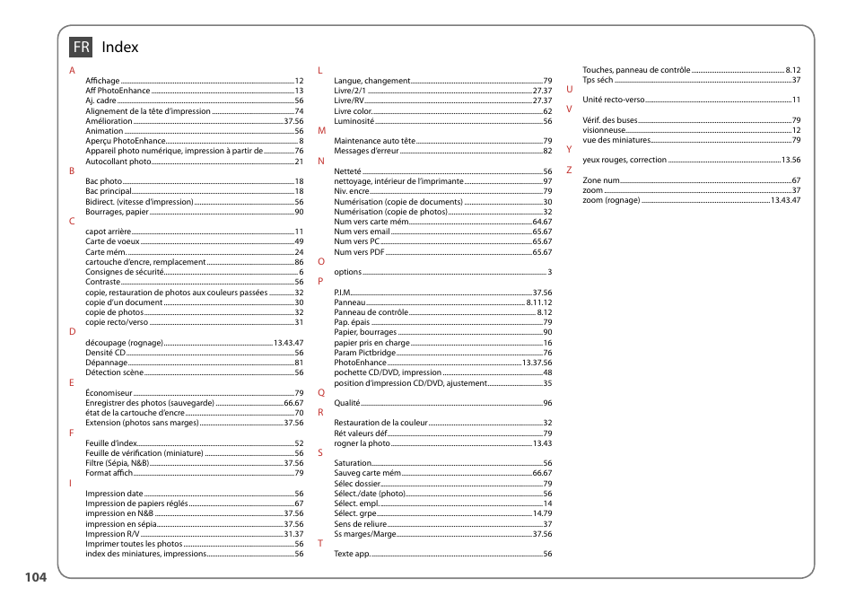 Fr index | Epson Stylus Photo TX710W User Manual | Page 104 / 108