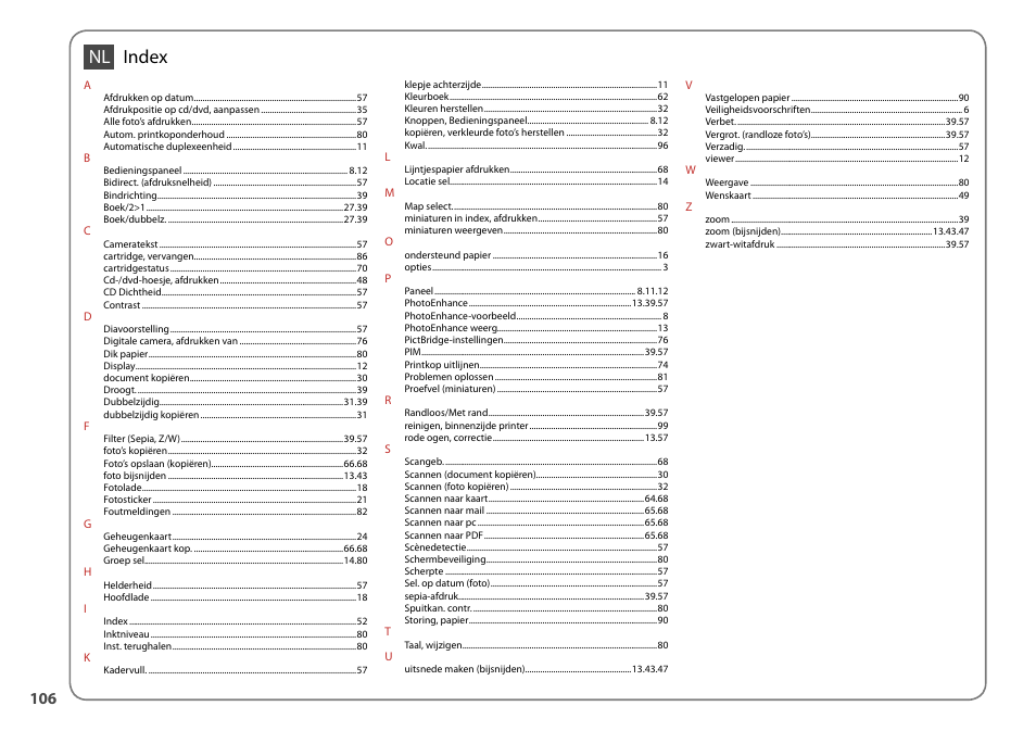 Nl index | Epson Stylus Photo TX710W User Manual | Page 106 / 108