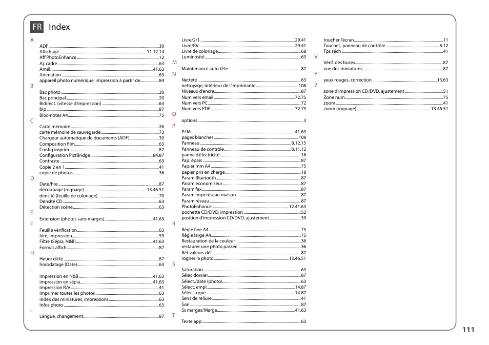 Fr index | Epson Stylus Photo TX800FW User Manual | Page 111 / 116