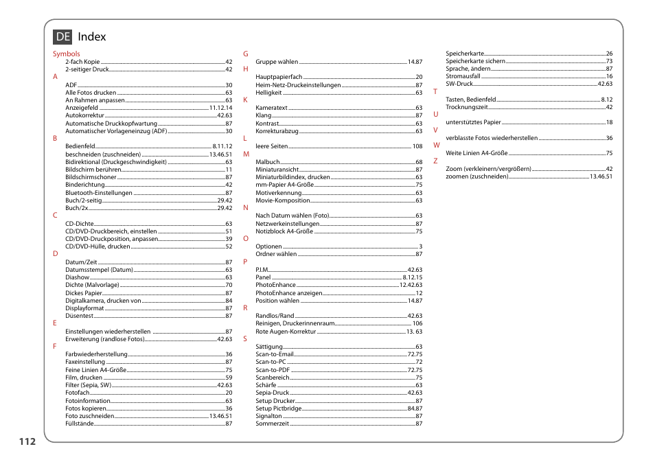 De index | Epson Stylus Photo TX800FW User Manual | Page 112 / 116