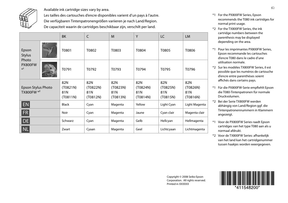 Epson Stylus Photo TX800FW User Manual | Page 116 / 116
