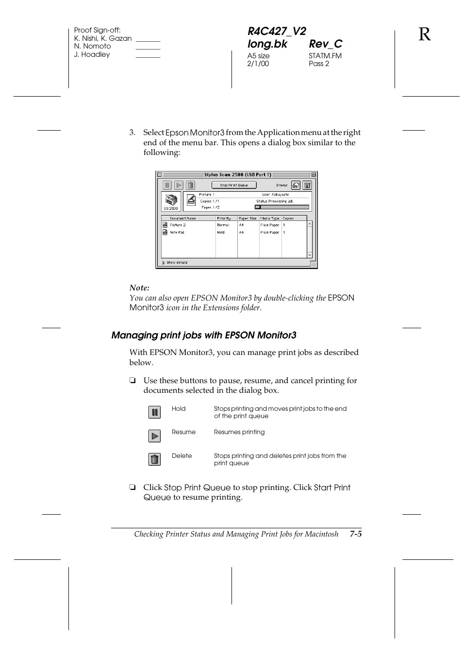 Managing print jobs with epson monitor3, Managing print jobs with epson monitor3 -5 | Epson Stylus Scan 2500 User Manual | Page 102 / 293