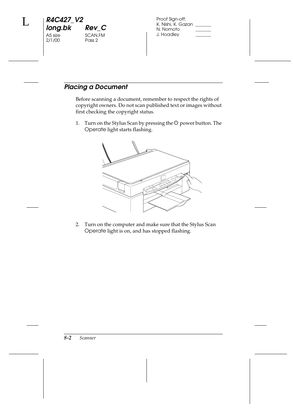 Placing a document, Placing a document -2, Placing a document -1 | Epson Stylus Scan 2500 User Manual | Page 107 / 293