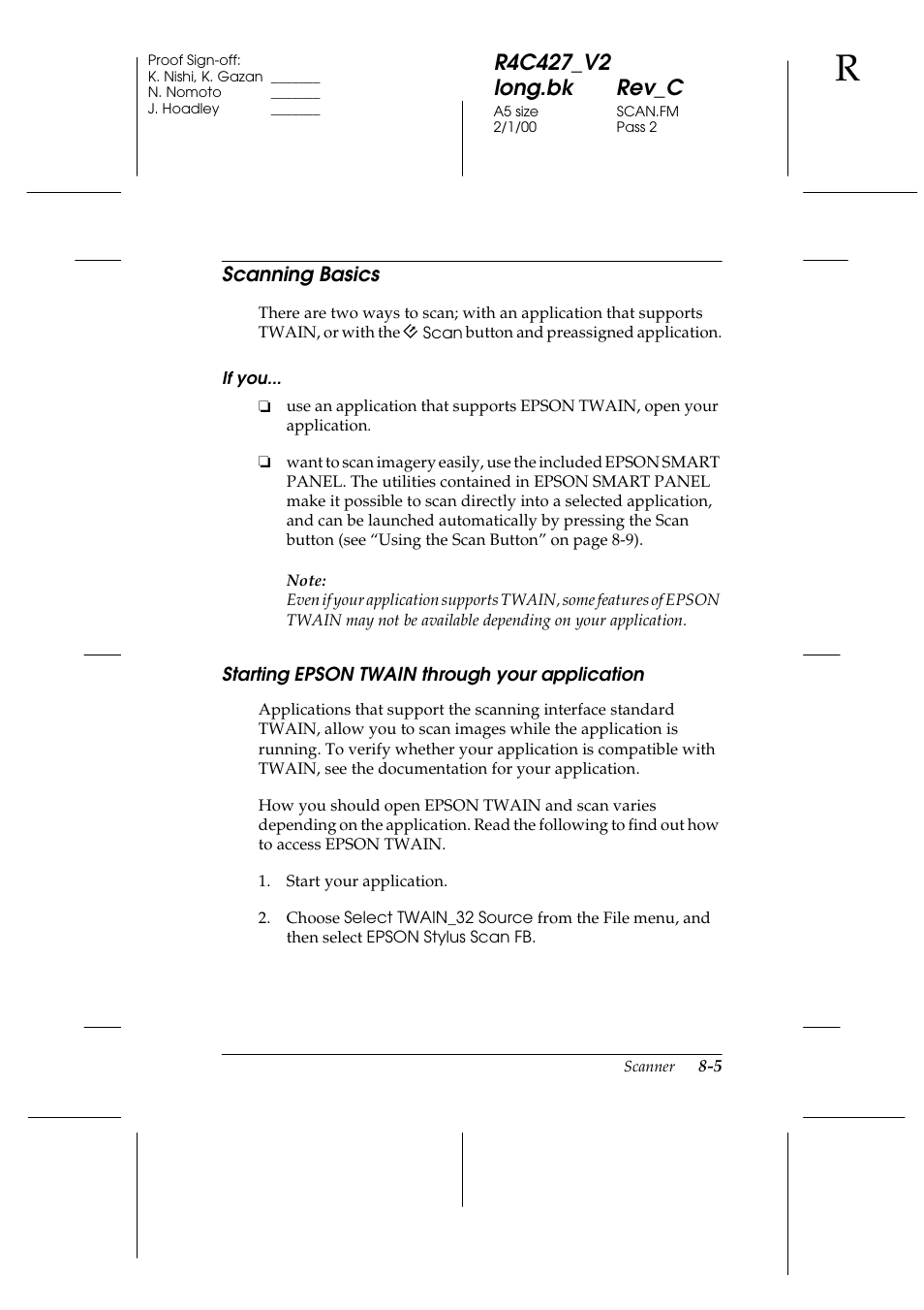 Scanning basics, Starting epson twain through your application, Scanning basics -5 | Starting epson twain through your application -5 | Epson Stylus Scan 2500 User Manual | Page 110 / 293