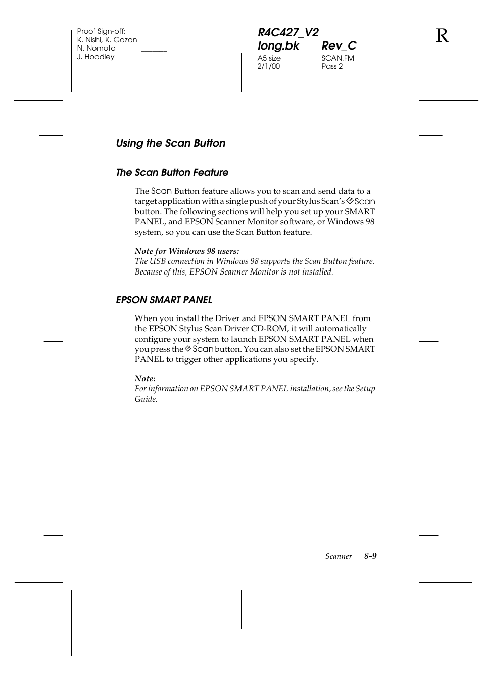 Using the scan button, The scan button feature, Epson smart panel | Using the scan button -9, The scan button feature -9 epson smart panel -9 | Epson Stylus Scan 2500 User Manual | Page 114 / 293