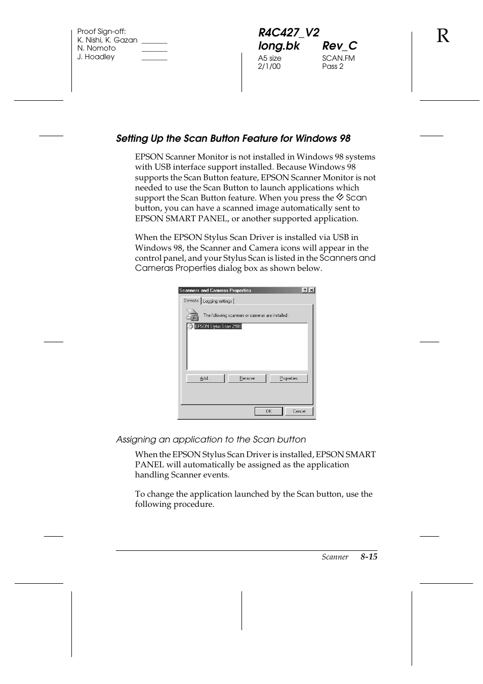 Setting up the scan button feature for windows 98 | Epson Stylus Scan 2500 User Manual | Page 120 / 293