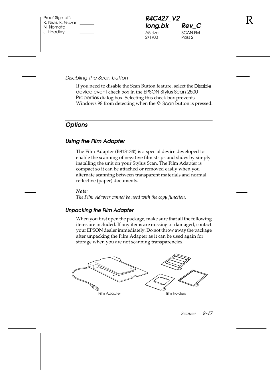 Options, Using the film adapter, Options -17 | Using the film adapter -17 | Epson Stylus Scan 2500 User Manual | Page 122 / 293