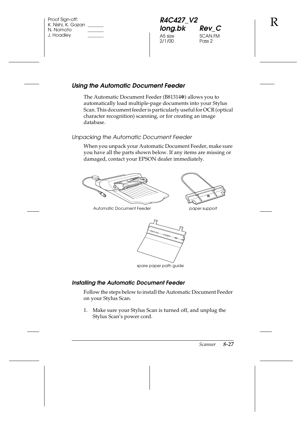 Using the automatic document feeder, Using the automatic document feeder -27 | Epson Stylus Scan 2500 User Manual | Page 132 / 293