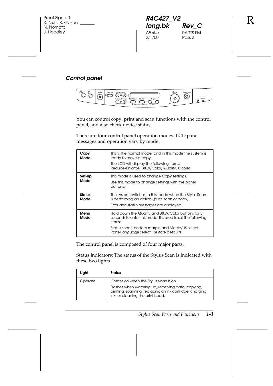Control panel, Control panel -3, Stylus scan parts and functions | Epson Stylus Scan 2500 User Manual | Page 14 / 293