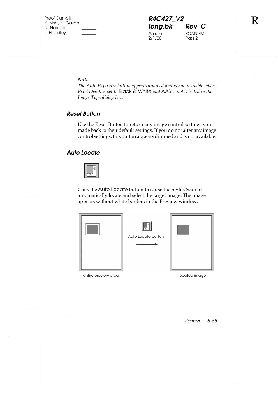 Reset button, Auto locate, Reset button -55 auto locate -55 | Epson Stylus Scan 2500 User Manual | Page 160 / 293