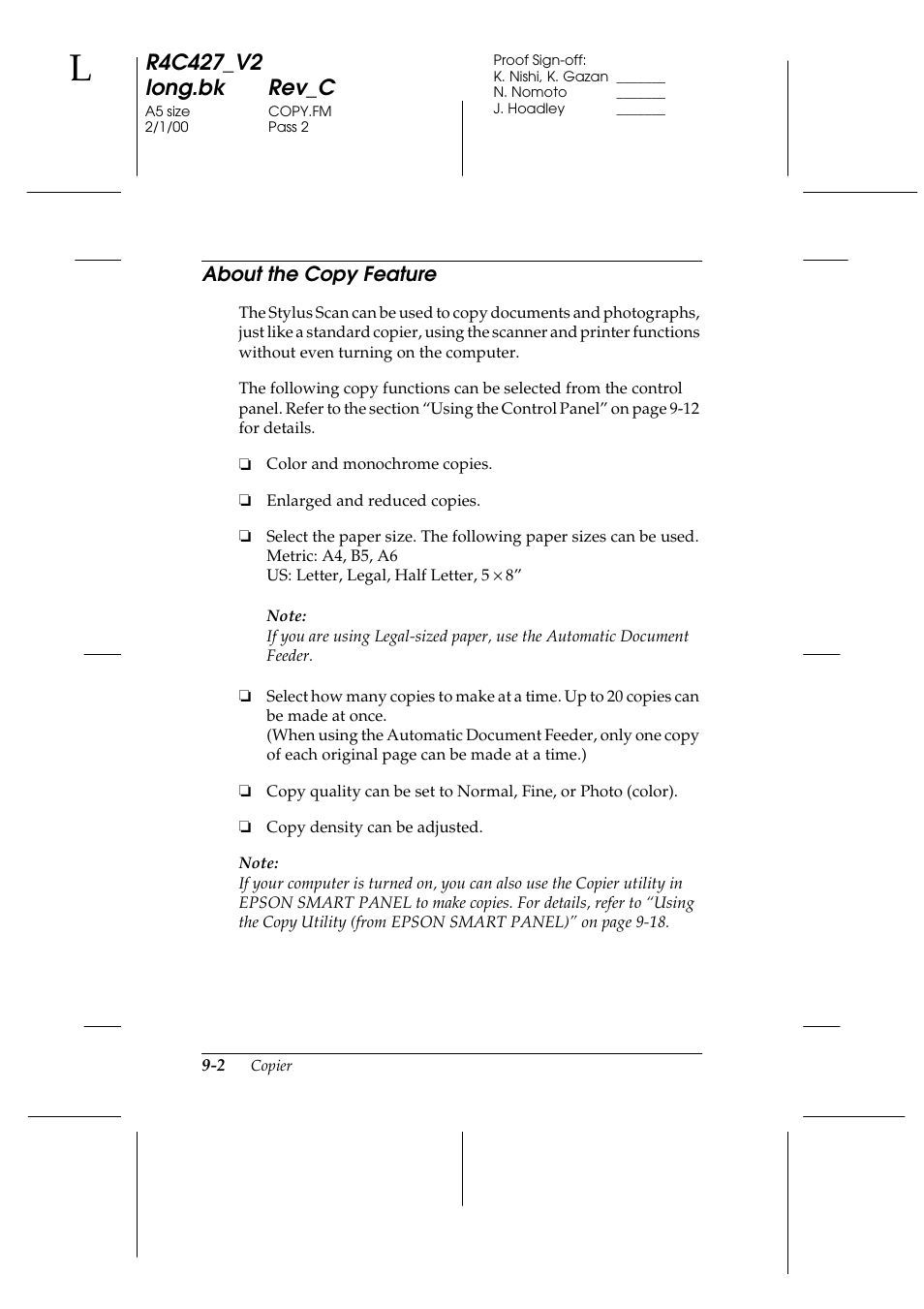About the copy feature, About the copy feature -2, About the copy feature -3 | Epson Stylus Scan 2500 User Manual | Page 167 / 293