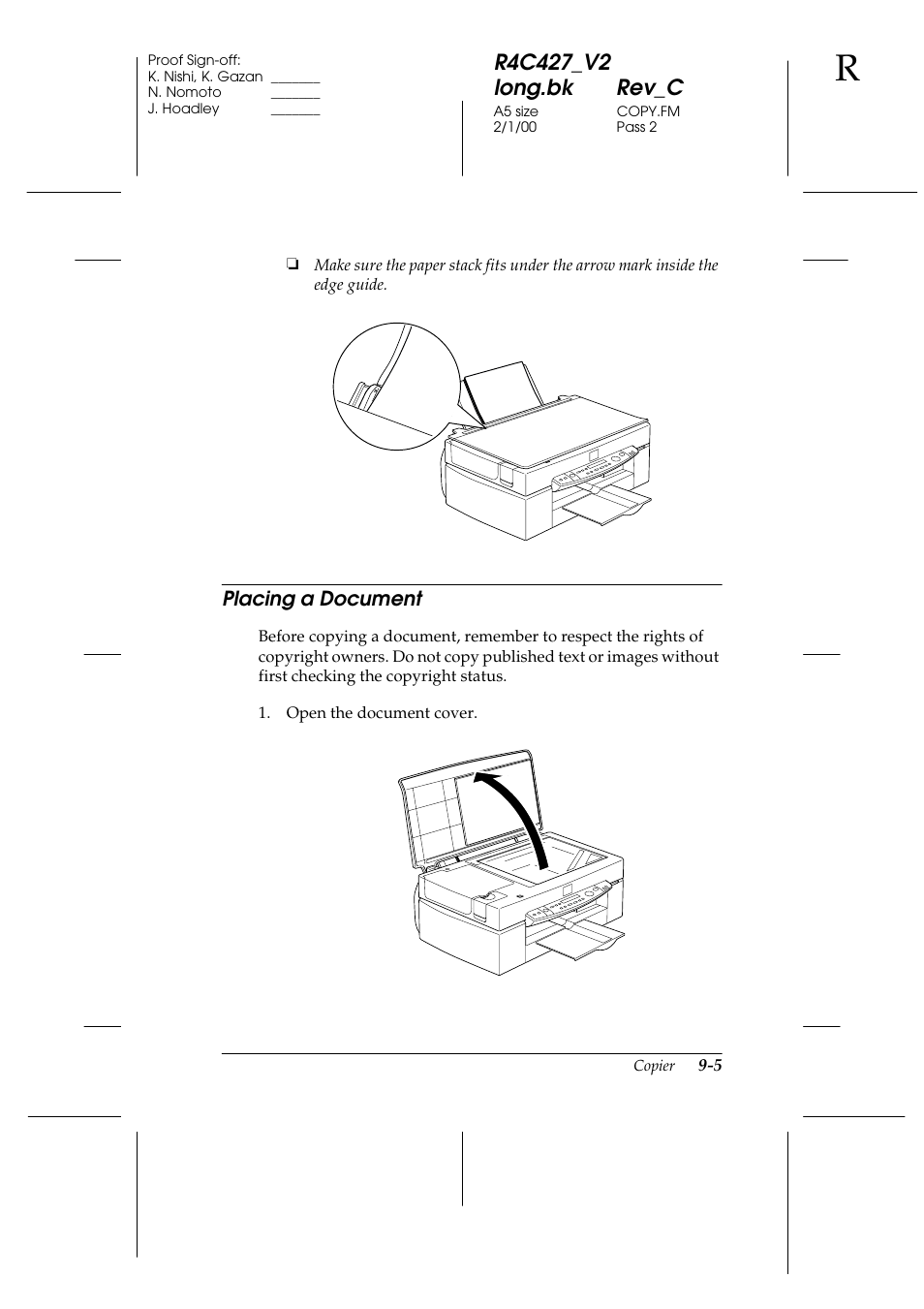 Placing a document, Placing a document -5, Placing a document -6 | Epson Stylus Scan 2500 User Manual | Page 170 / 293