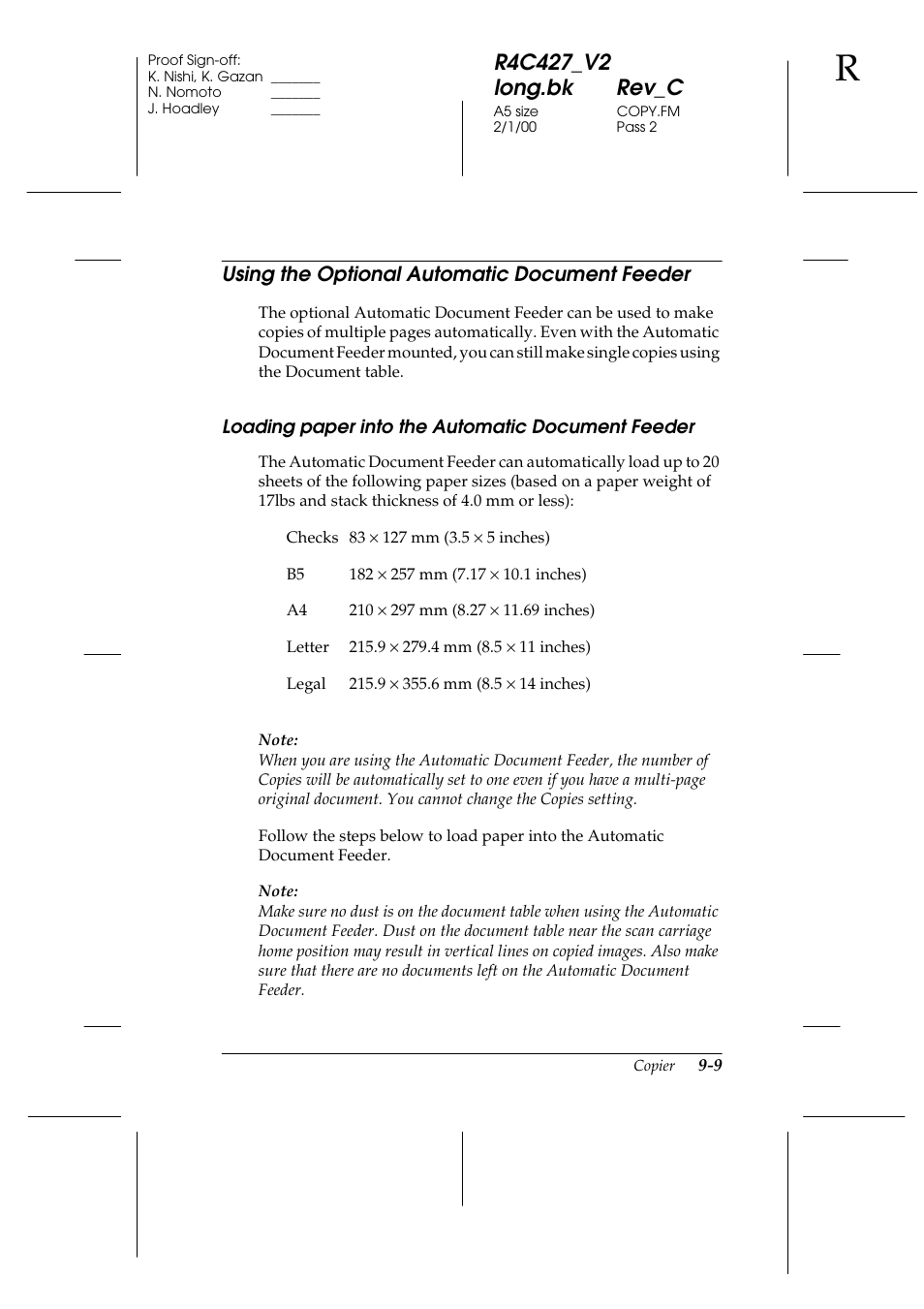 Using the optional automatic document feeder, Loading paper into the automatic document feeder, Using the optional automatic document feeder -9 | Using the optional automatic document feeder -10 | Epson Stylus Scan 2500 User Manual | Page 174 / 293