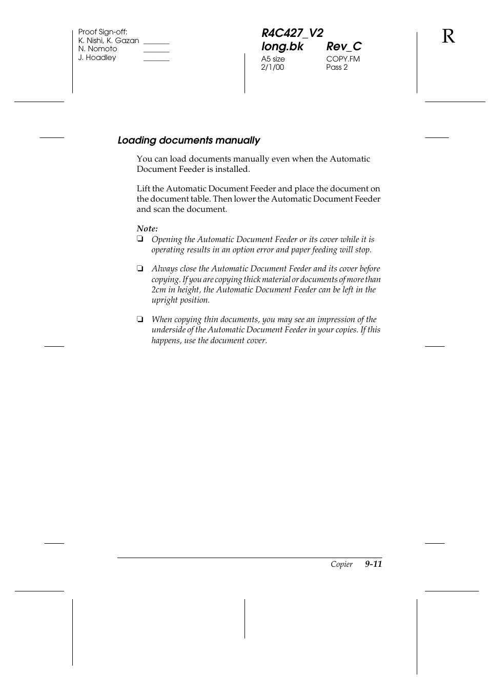 Loading documents manually, Loading documents manually -11, Loading documents manually -12 | Epson Stylus Scan 2500 User Manual | Page 176 / 293