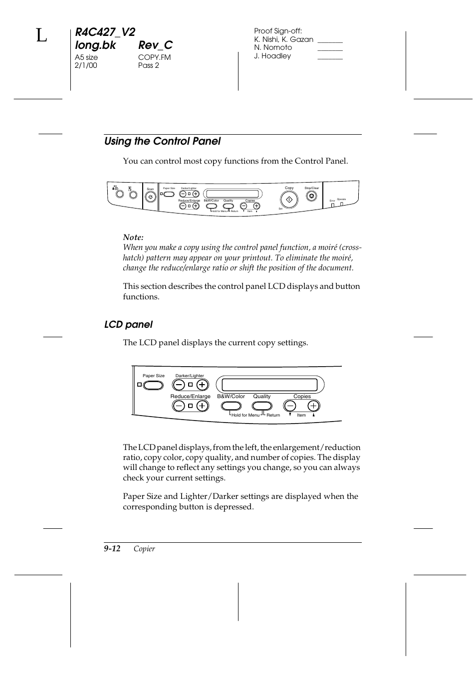 Using the control panel, Lcd panel, Using the control panel -12 | Lcd panel -12, Using the control panel -13, Lcd panel -13, Copier | Epson Stylus Scan 2500 User Manual | Page 177 / 293