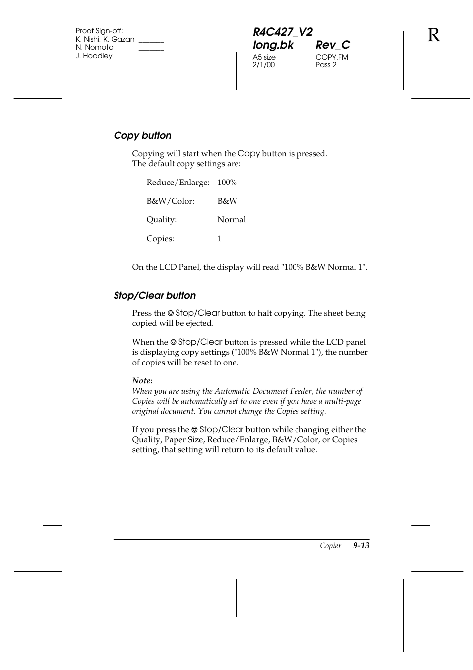 Copy button, Stop/clear button, Copy button -13 stop/clear button -13 | Copy button -14 stop/clear button -14 | Epson Stylus Scan 2500 User Manual | Page 178 / 293