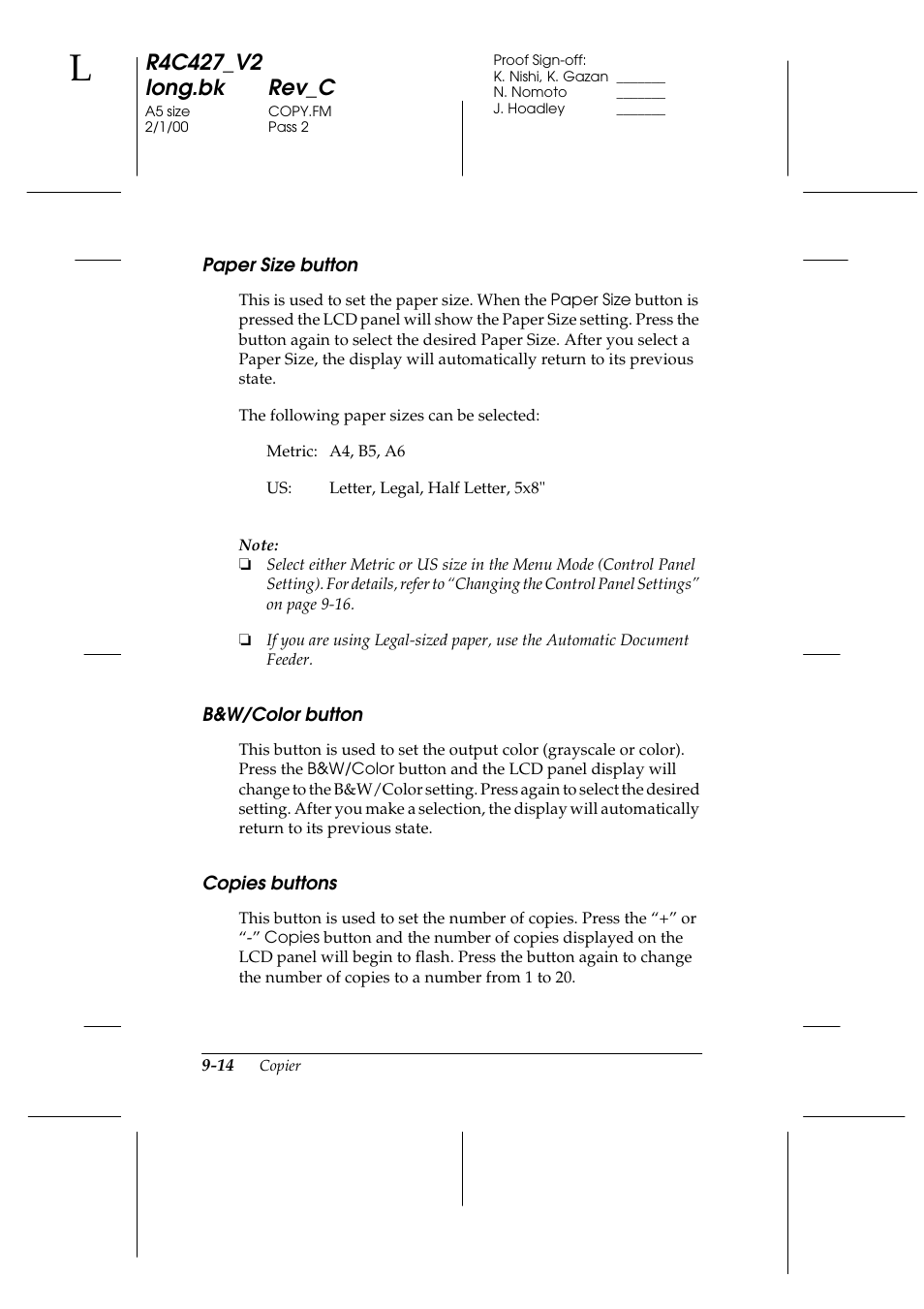 Paper size button, B&w/color button, Copies buttons | Paper size button -14 b&w/color button -14 | Epson Stylus Scan 2500 User Manual | Page 179 / 293