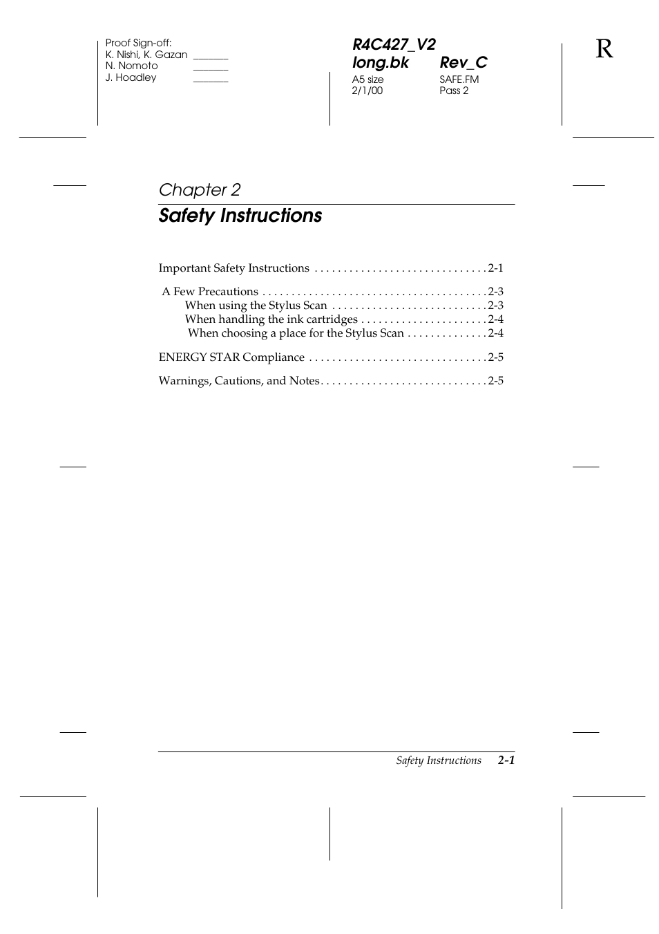 Safety instructions, Chapter 2 | Epson Stylus Scan 2500 User Manual | Page 18 / 293