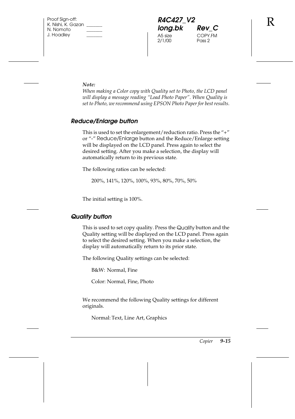 Reduce/enlarge button, Quality button, Reduce/enlarge button -15 quality button -15 | Reduce/enlarge button -16 quality button -16 | Epson Stylus Scan 2500 User Manual | Page 180 / 293