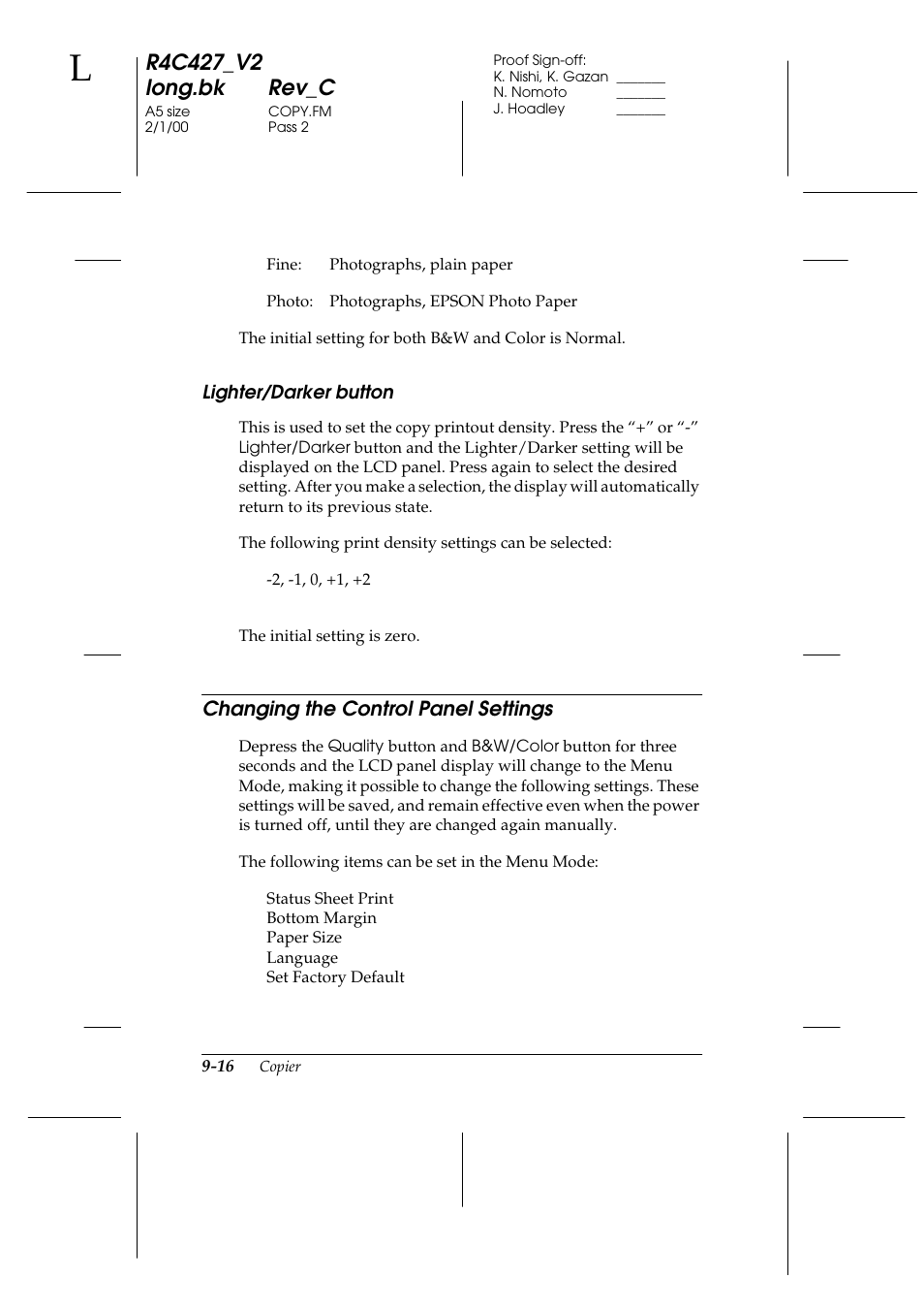 Lighter/darker button, Changing the control panel settings, Lighter/darker button -16 | Changing the control panel settings -16, Lighter/darker button -17, Changing the control panel settings -17 | Epson Stylus Scan 2500 User Manual | Page 181 / 293